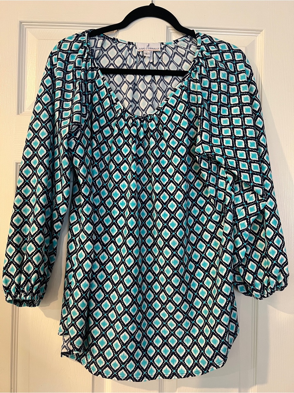 Jude Connally Women’s Teal Navy Geometric Print 3/4 Sleeve Blouse Shirt Large
